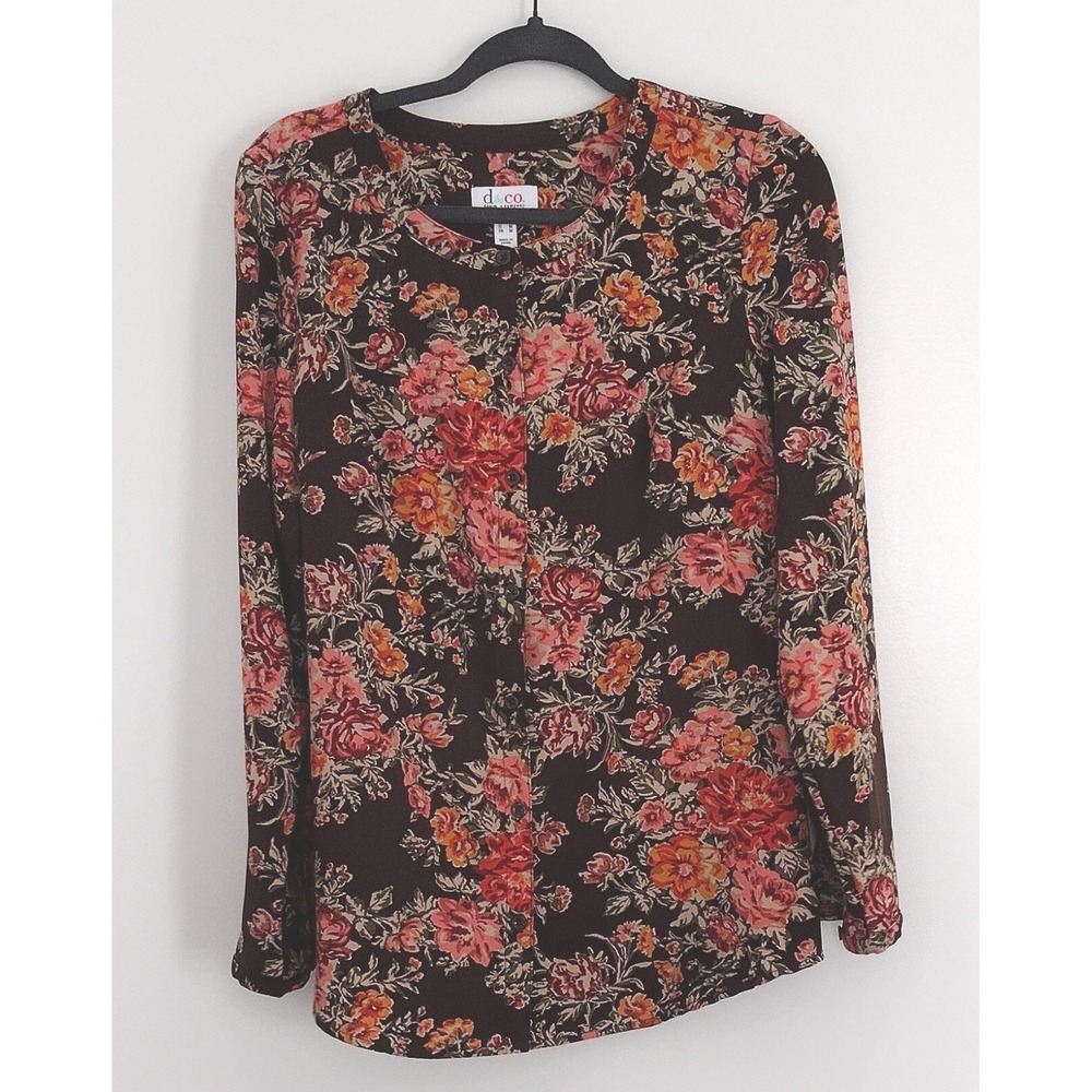 Denim & Co Blouse Womens Size Small Brown Floral Button Up Long Sleeve  Preowned